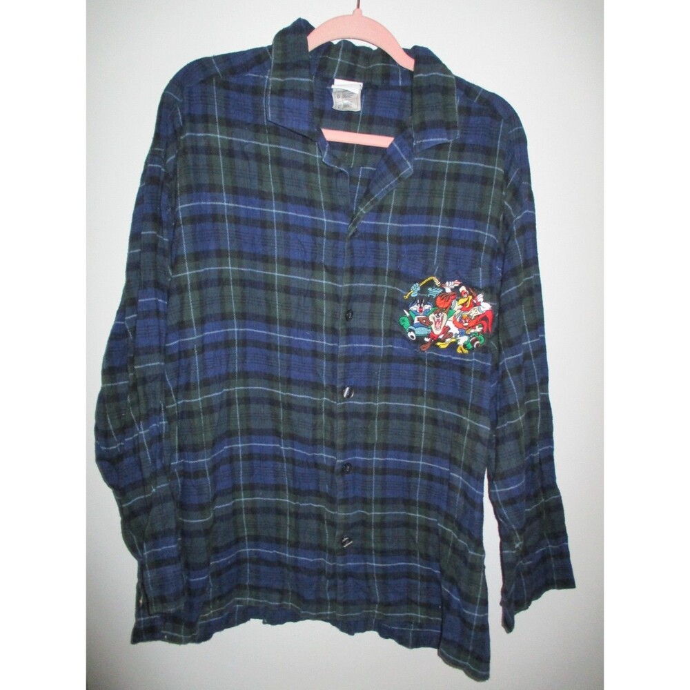 Warner Brother's Mens Sz L Looney Tunes Embroidered Flannel Button Down Top